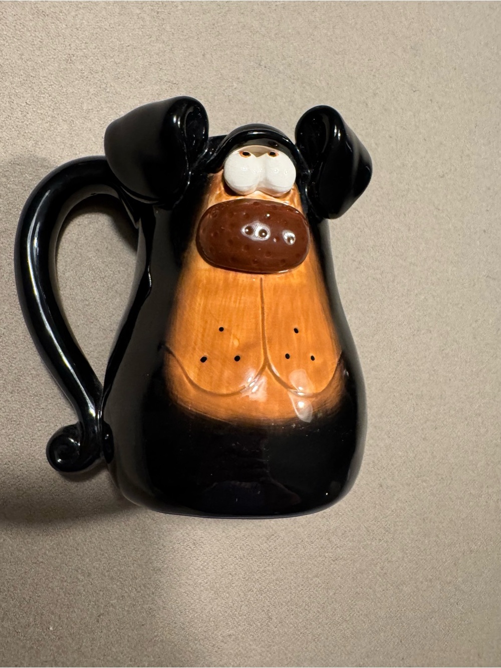 Black & Brown Dog-Shaped Ceramic mug signed Russ berrie